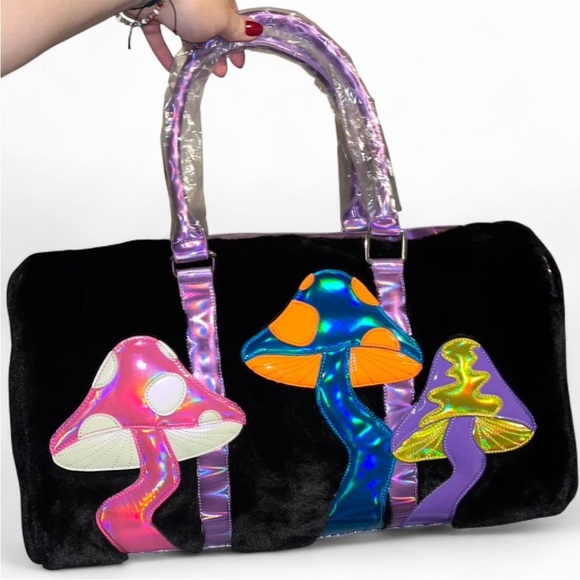 NWT Current Mood x Dolls Kill Fuzzy Duffle Bag w/ Metallic Mushroom Design - Picture 2 of 8